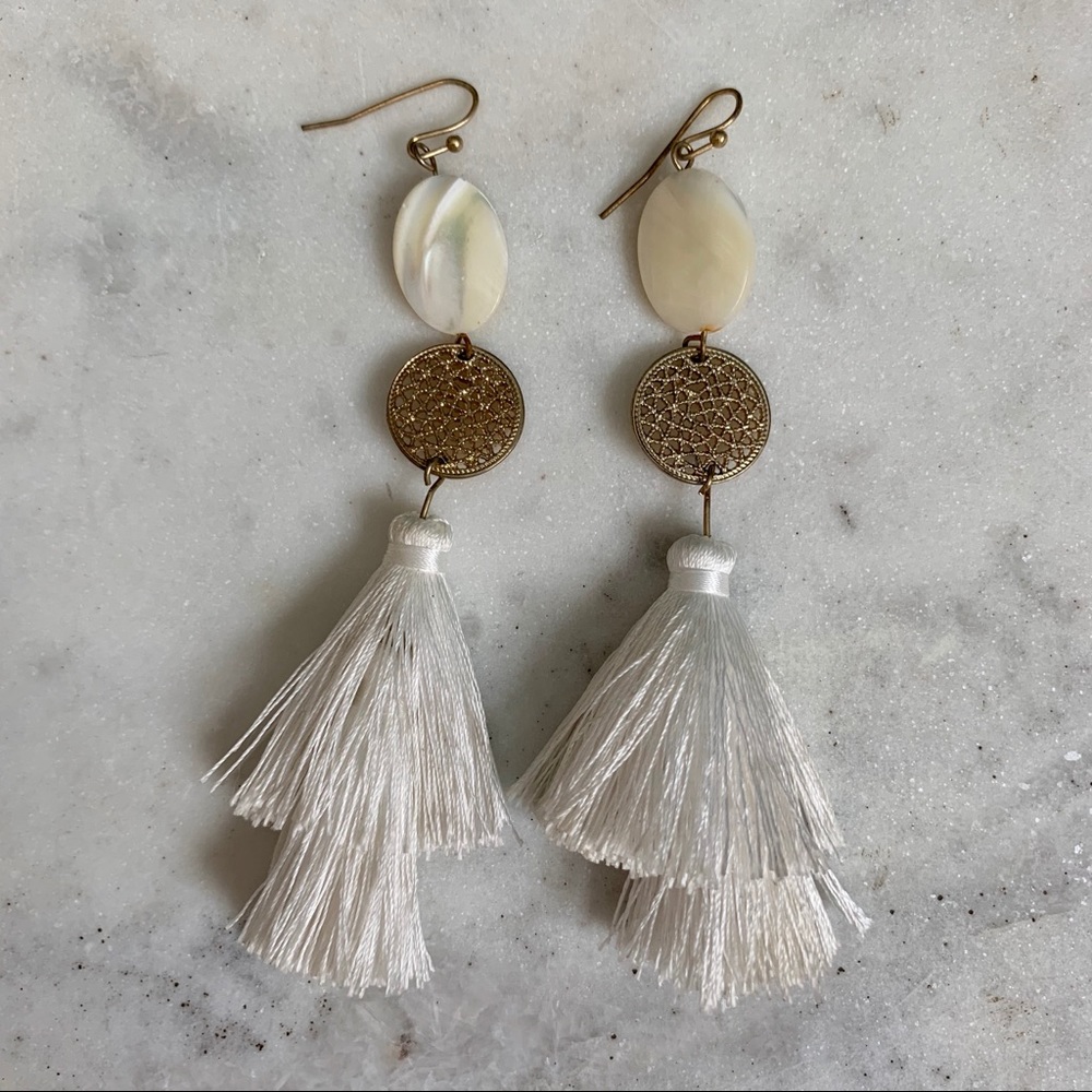 🤍 White and Gold Tassel Earrings 🤍